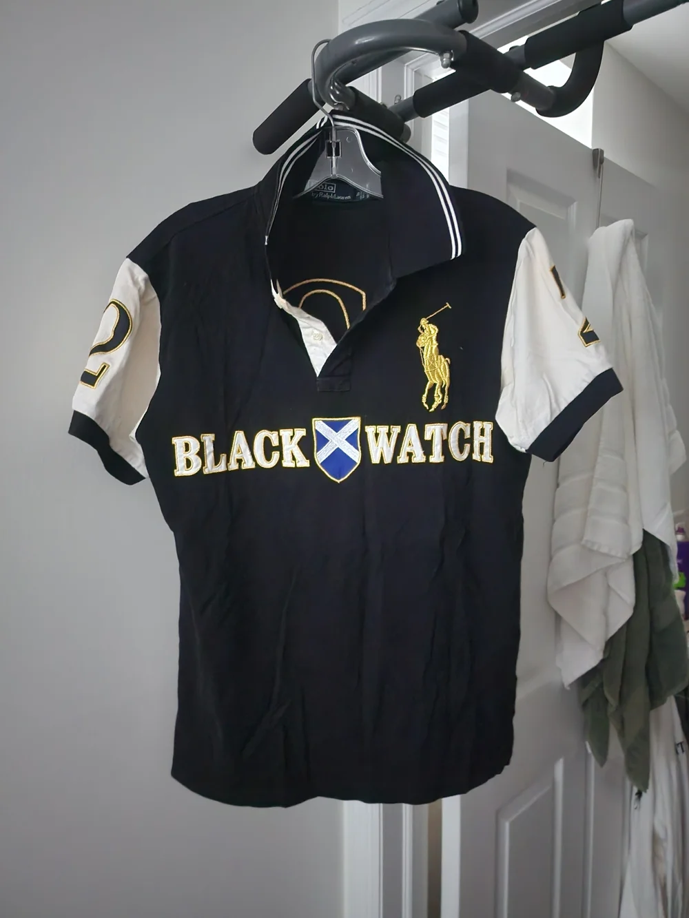 Ralph Lauren Black Watch Polo - Black, White & Gold Accent. S.